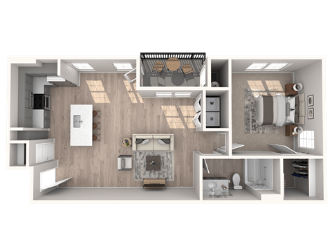 Floor plan for 1 bed, 1 bath, 884 sqft